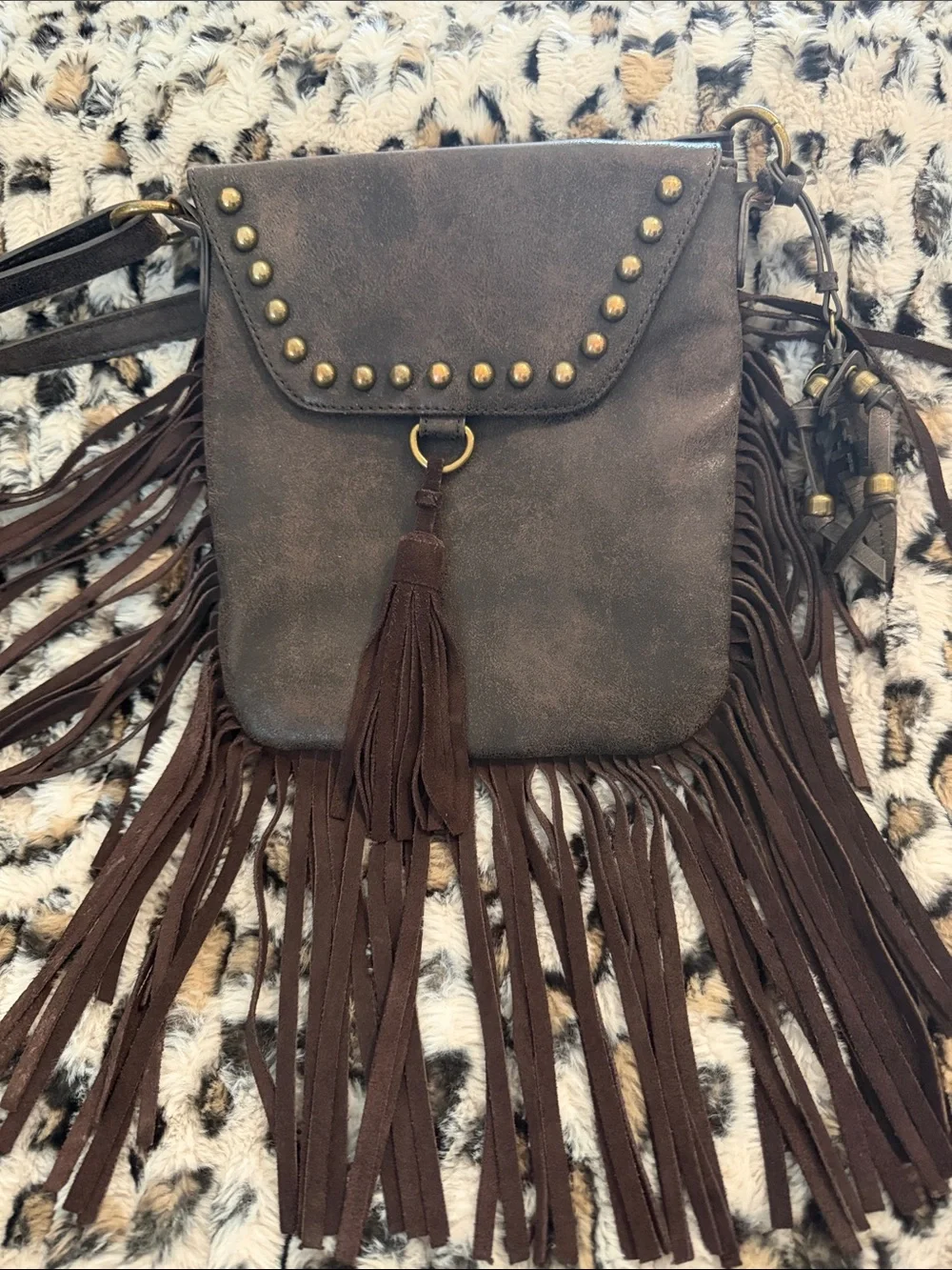 Jessica Simpson Brown Faux-Suede Fringe Crossbody with Studs